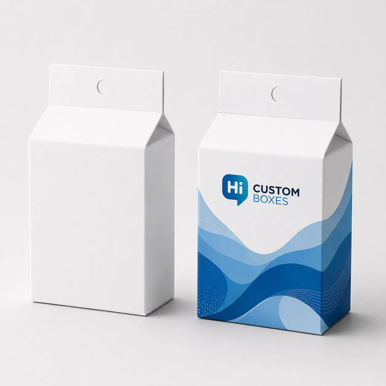 Two top-opening mailing boxes, one plain white and one with professional purple floral branding. class=